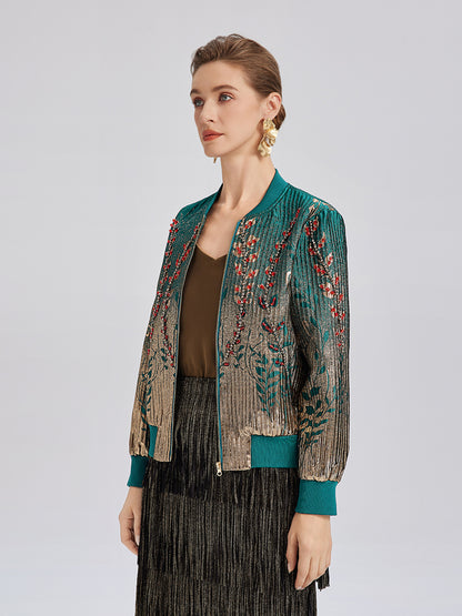 Hand-Sewn Beaded Gradient Baseball Jacket