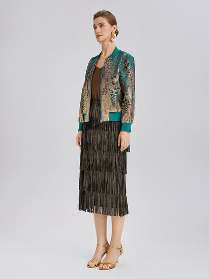 Hand-Sewn Beaded Gradient Baseball Jacket