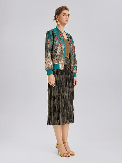 Hand-Sewn Beaded Gradient Baseball Jacket