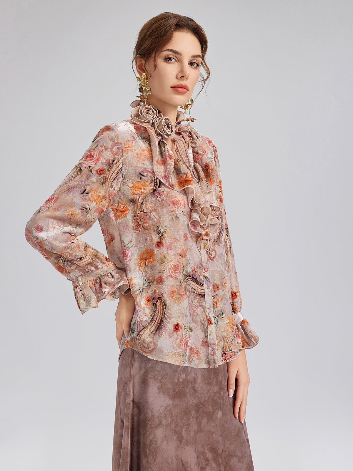 Silk Velvet Devoré Rose Pink Ruffle Blouse