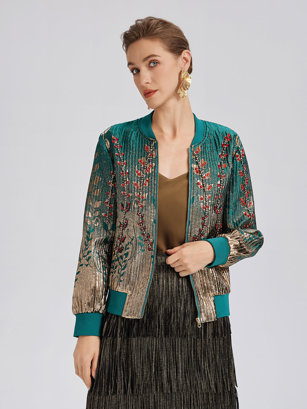 Hand-Sewn Beaded Gradient Baseball Jacket