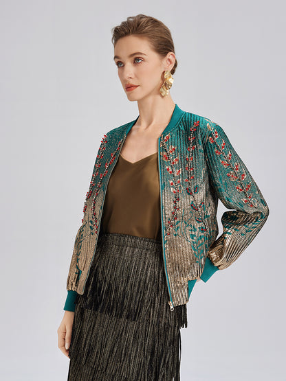 Hand-Sewn Beaded Gradient Baseball Jacket