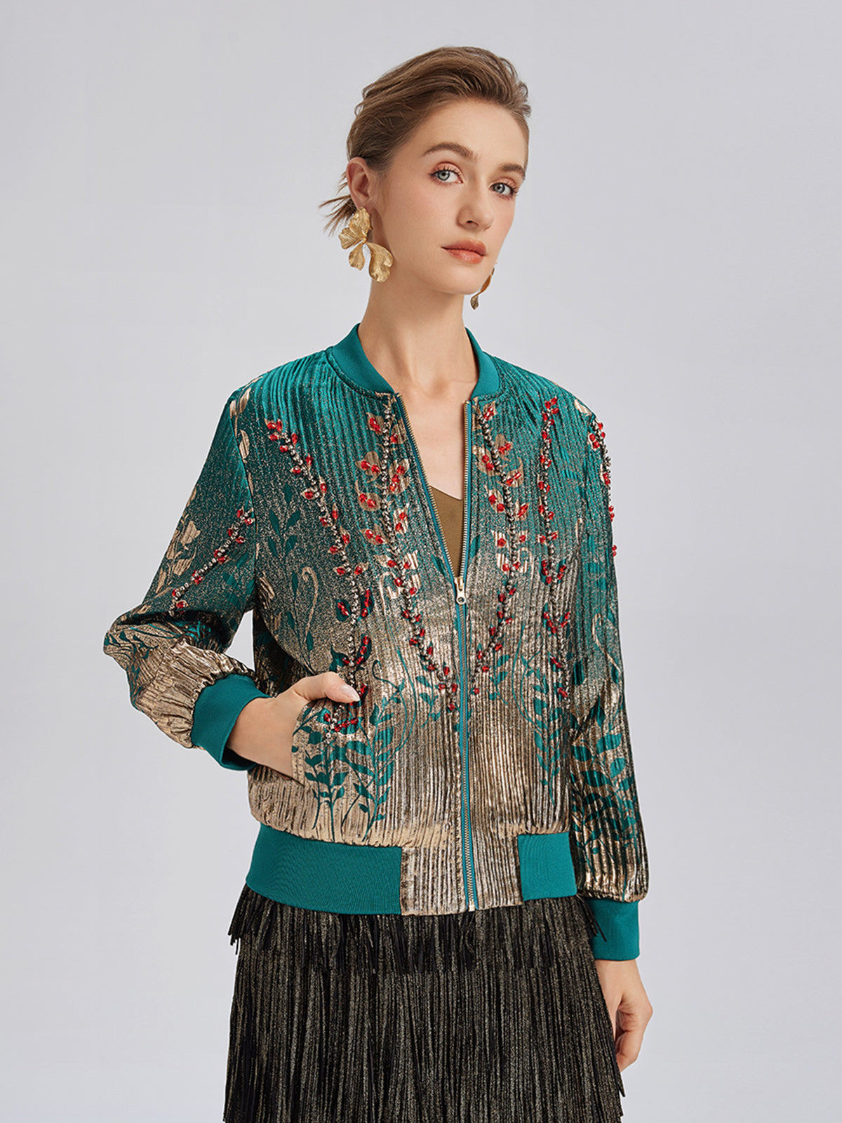 Final Sale | Hand-Sewn Beaded Gradient Baseball Jacket