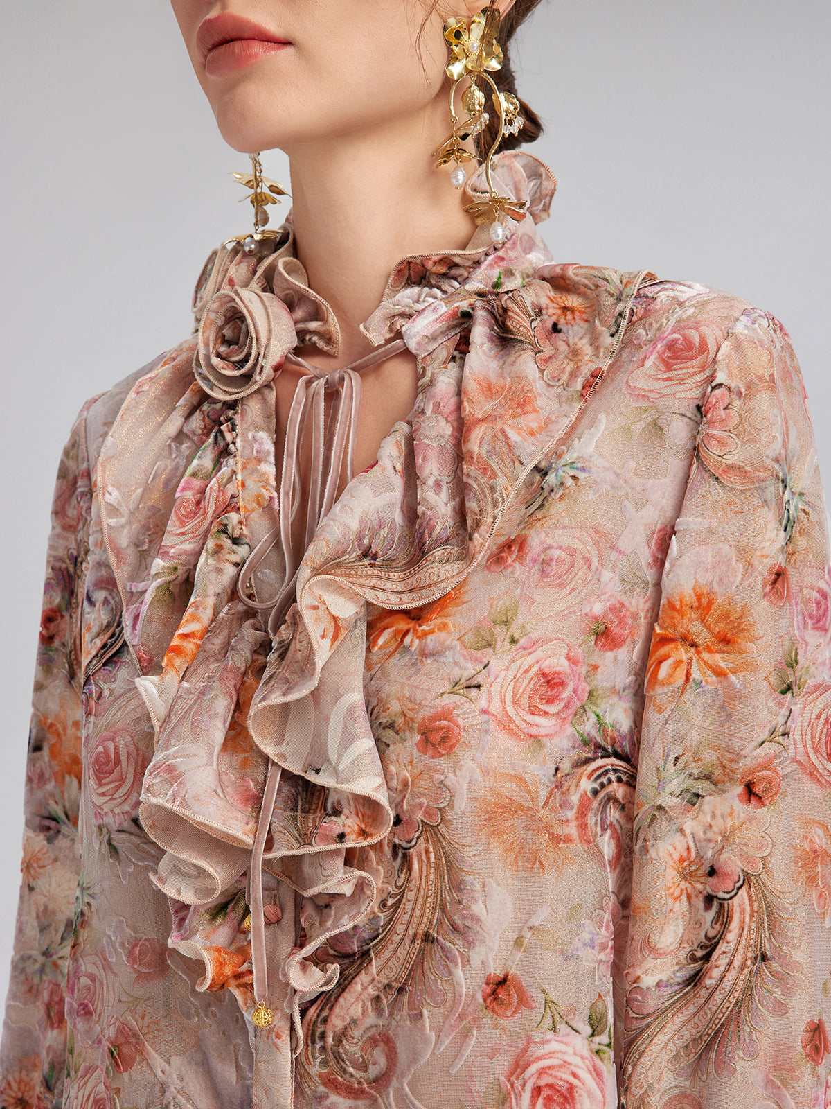 Silk Velvet Devoré Rose Pink Ruffle Blouse