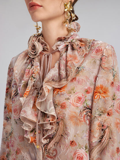 Silk Velvet Devoré Rose Pink Ruffle Blouse