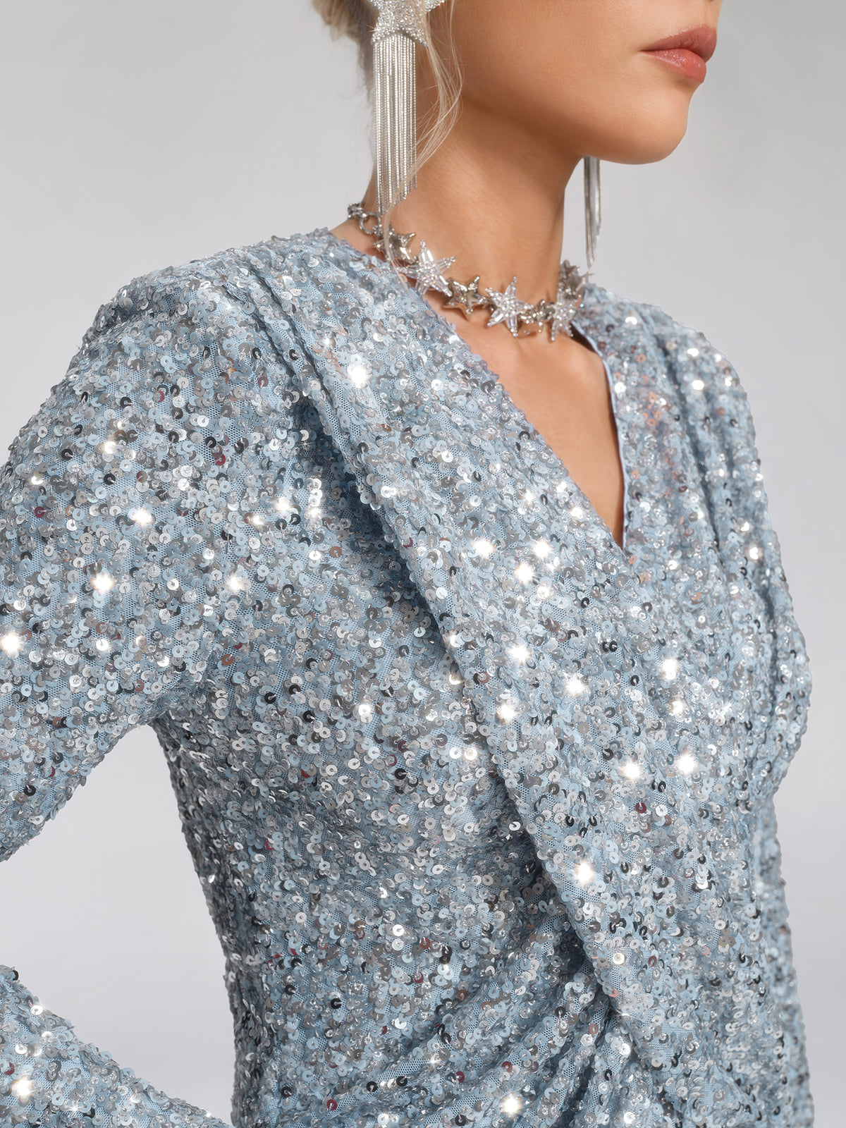 Draped V-Neck Sequin Sculpted Top