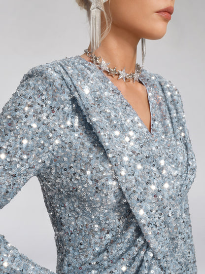 Draped V-Neck Sequin Sculpted Top