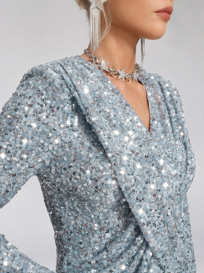 Draped V-Neck Sequin Sculpted Top