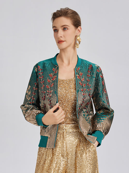 Hand-Sewn Beaded Gradient Baseball Jacket