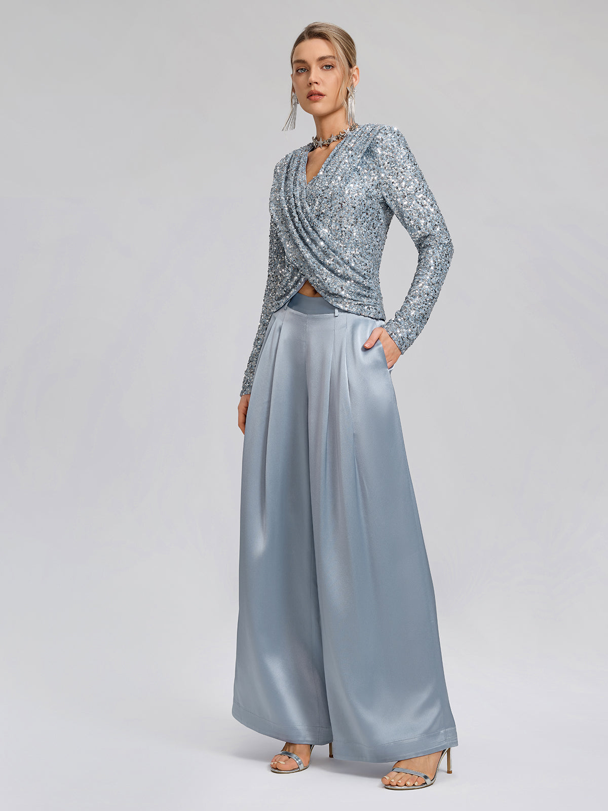 Intricate Acetate Satin Pleated Wide-Leg Pants