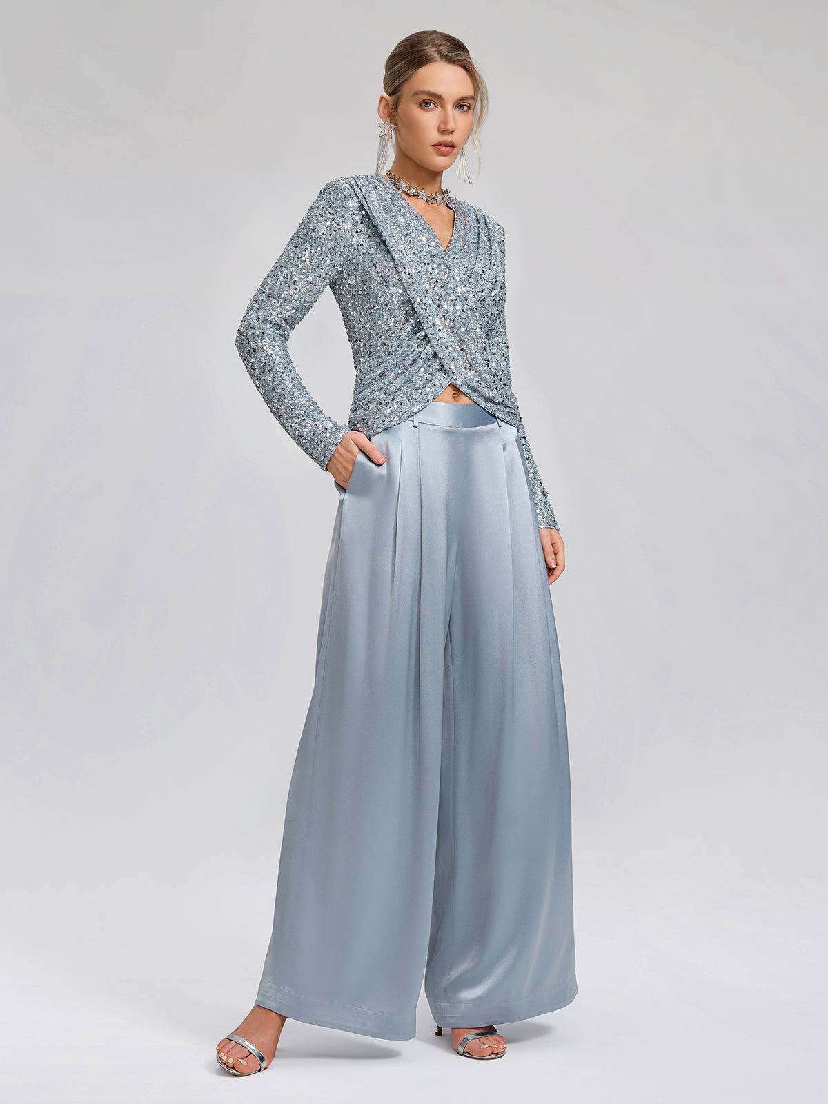 Intricate Acetate Satin Pleated Wide-Leg Pants