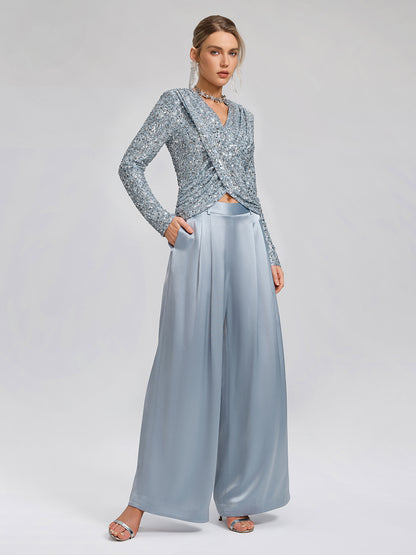 Intricate Acetate Satin Pleated Wide-Leg Pants