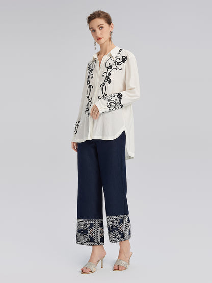 Cutout Embroidered Cotton Straight-Leg Pants