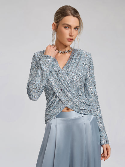 Draped V-Neck Sequin Sculpted Top