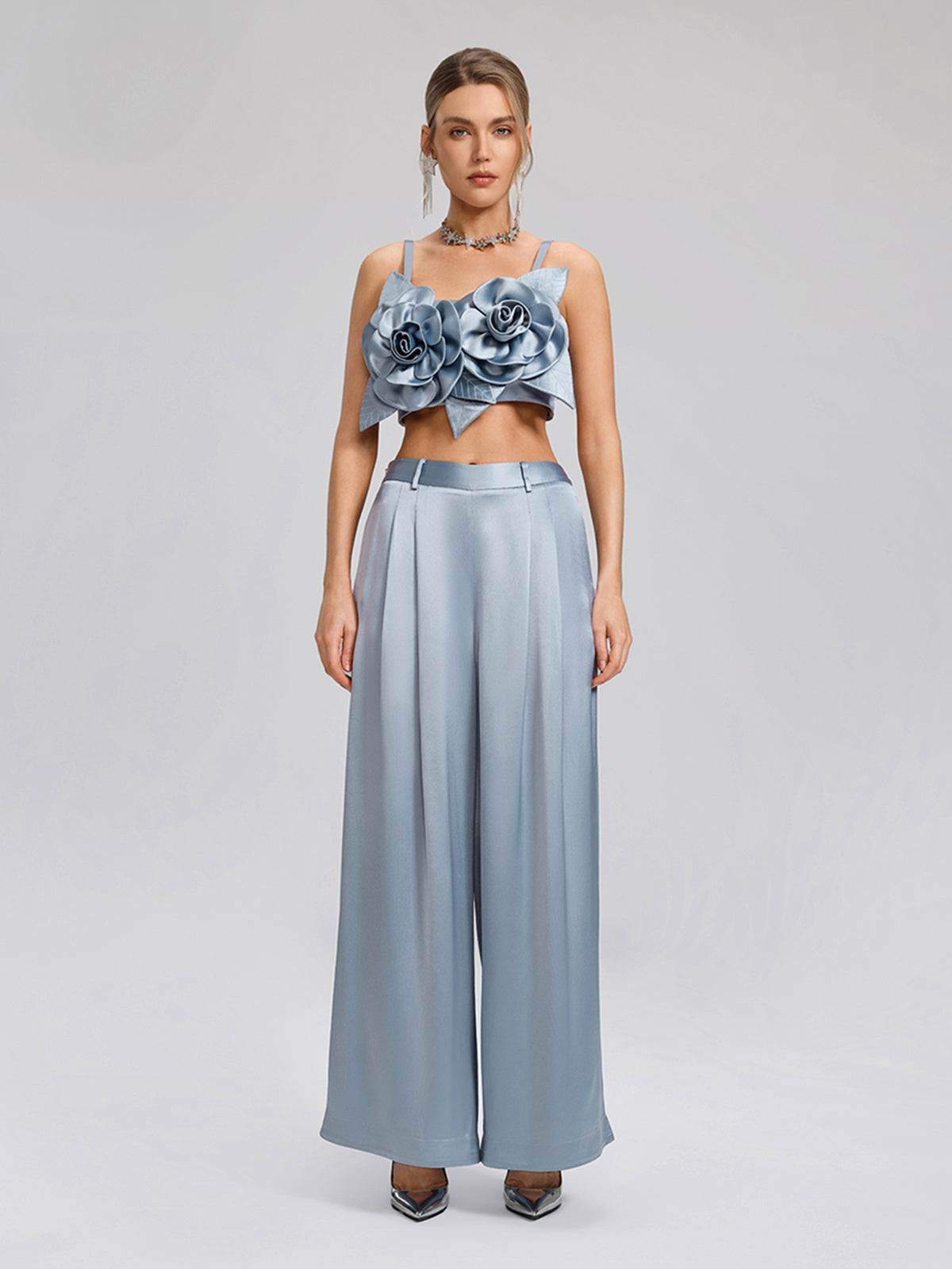 Intricate Acetate Satin Pleated Wide-Leg Pants