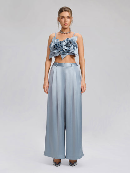 Intricate Acetate Satin Pleated Wide-Leg Pants