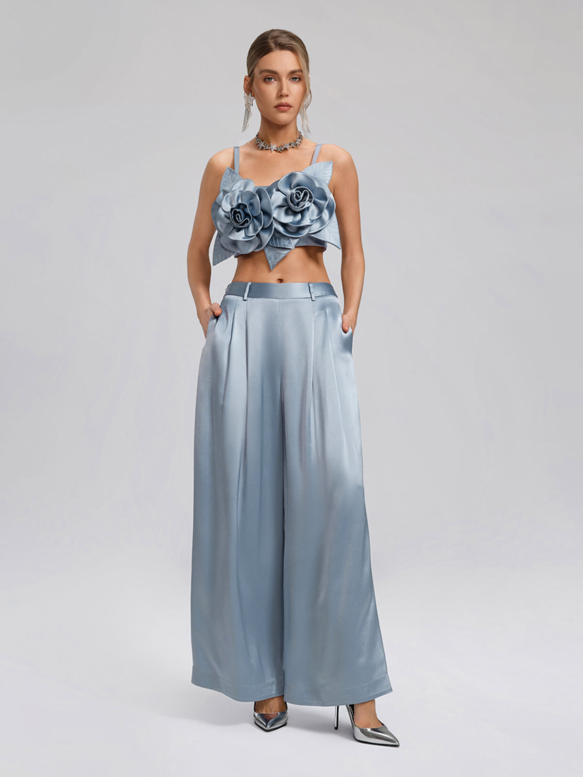 Intricate Acetate Satin Pleated Wide-Leg Pants