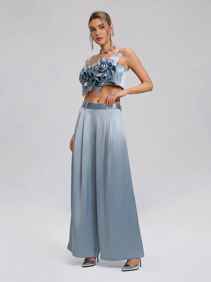 Intricate Acetate Satin Pleated Wide-Leg Pants