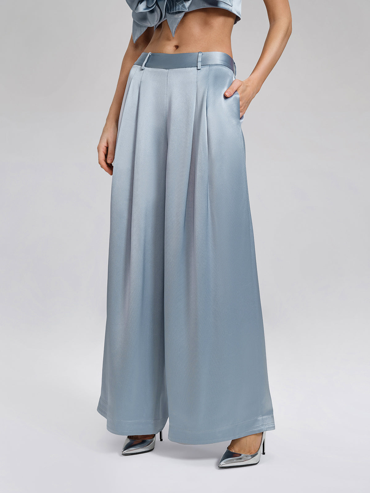 Intricate Acetate Satin Pleated Wide-Leg Pants