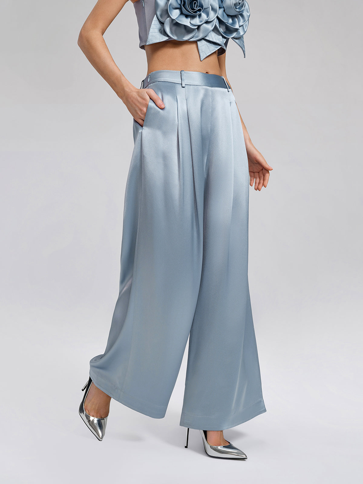Intricate Acetate Satin Pleated Wide-Leg Pants
