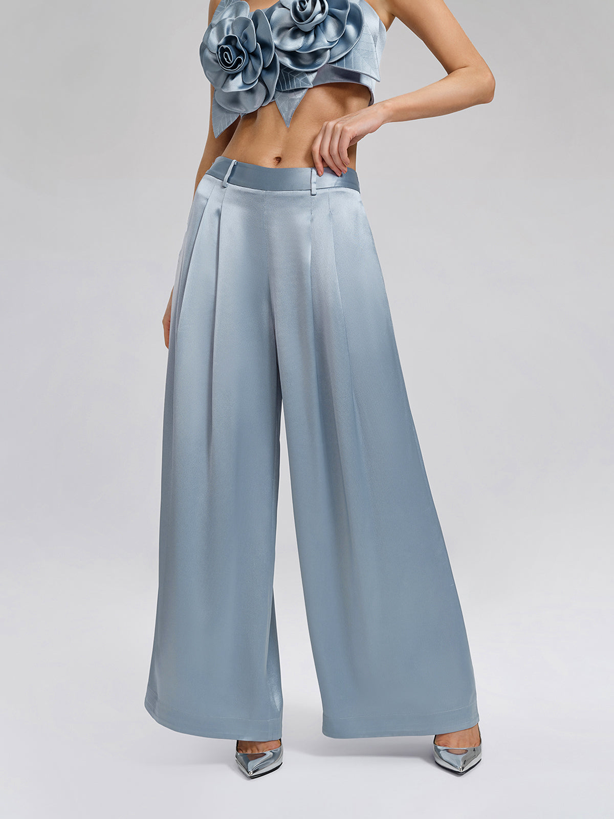 Intricate Acetate Satin Pleated Wide-Leg Pants