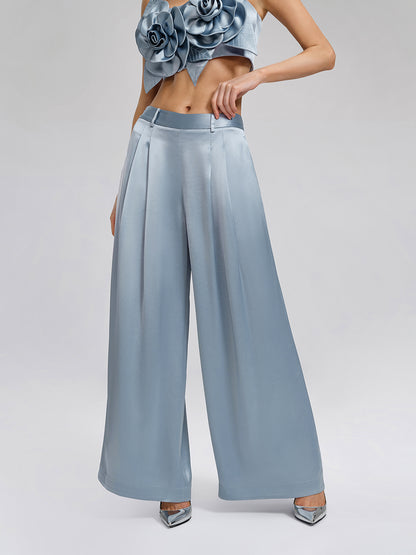 Intricate Acetate Satin Pleated Wide-Leg Pants