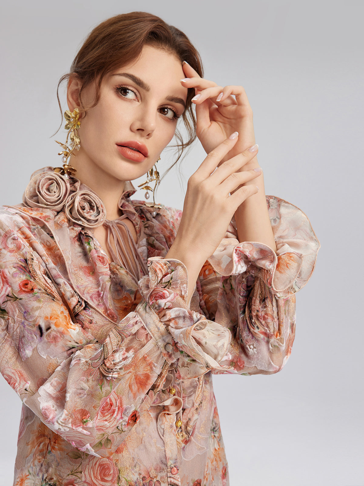 Silk Velvet Devoré Rose Pink Ruffle Blouse