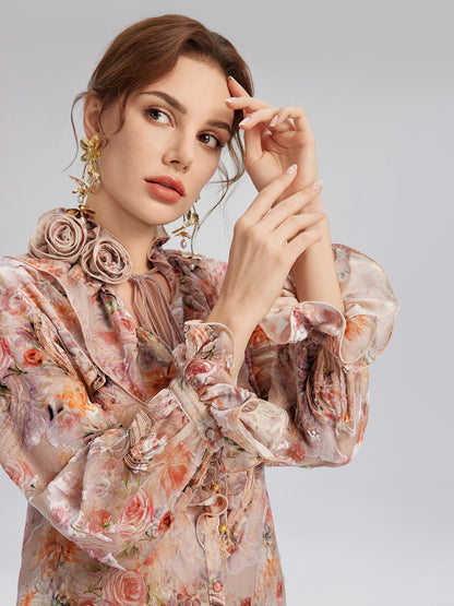 Silk Velvet Devoré Rose Pink Ruffle Blouse