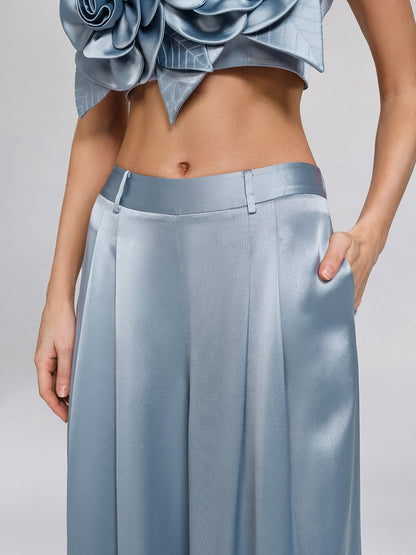 Intricate Acetate Satin Pleated Wide-Leg Pants