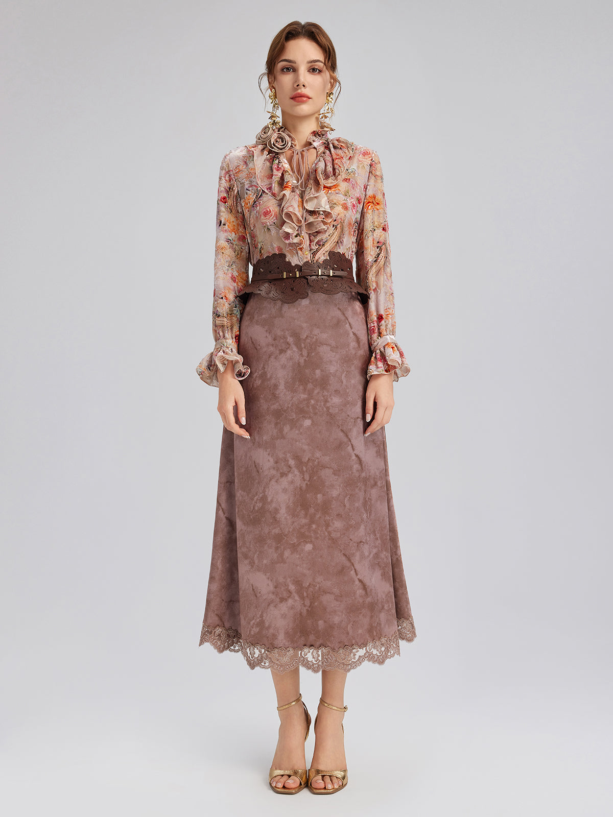 Chestnut Velvet Lace-Trim Fishtail Skirt