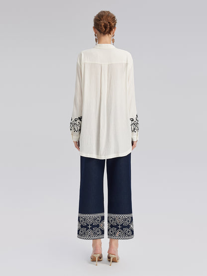 Cutout Embroidered Cotton Straight-Leg Pants