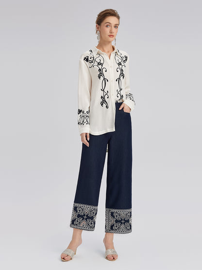 Cutout Embroidered Cotton Straight-Leg Pants