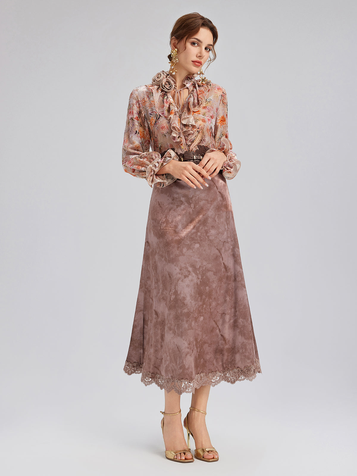Chestnut Velvet Lace-Trim Fishtail Skirt