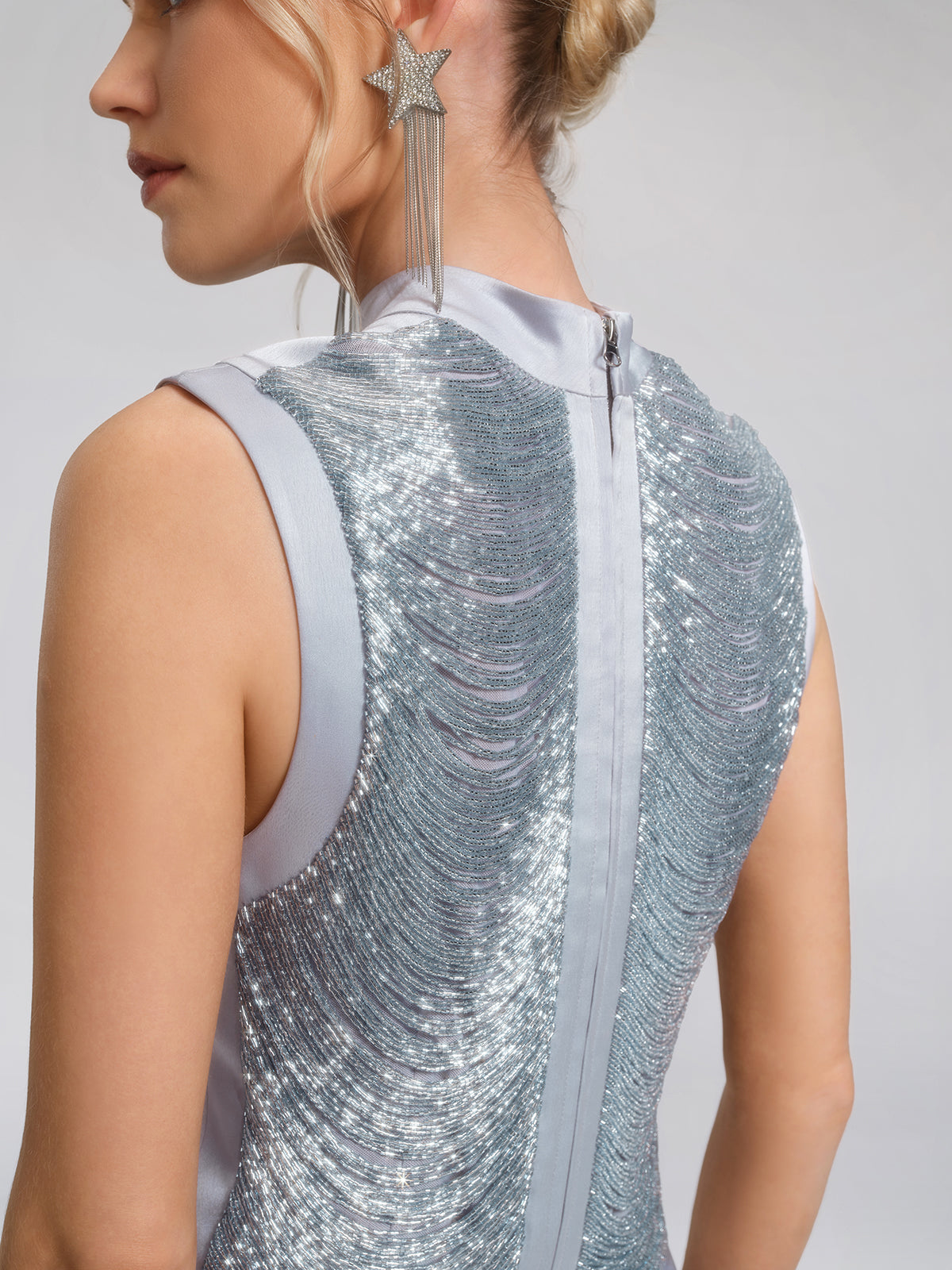 Hand Beaded Fringe Mock Neck Top