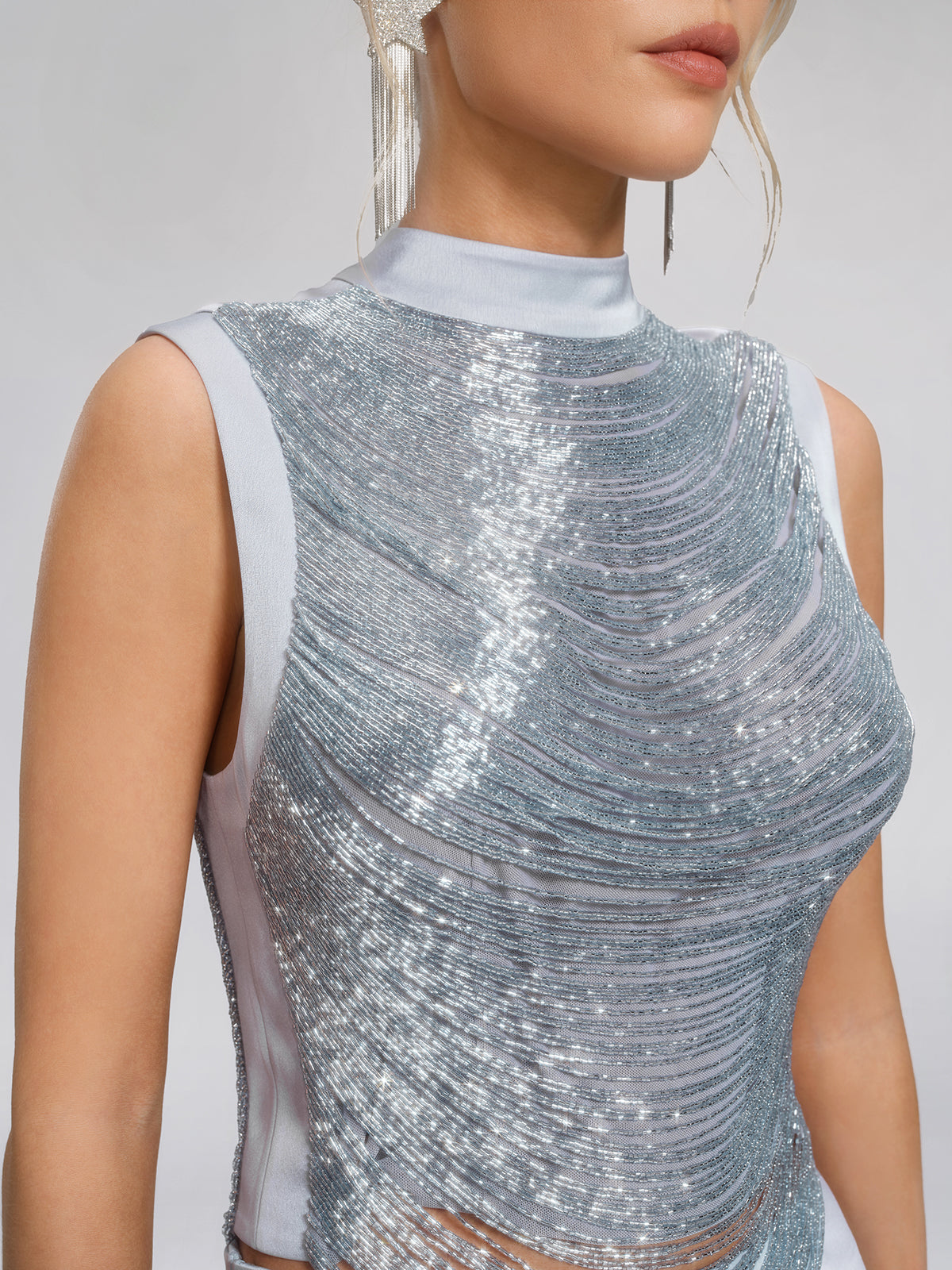 Hand Beaded Fringe Mock Neck Top