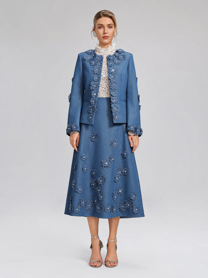 3D Floral Hand-Beaded Pearl Rhinestone Skirt