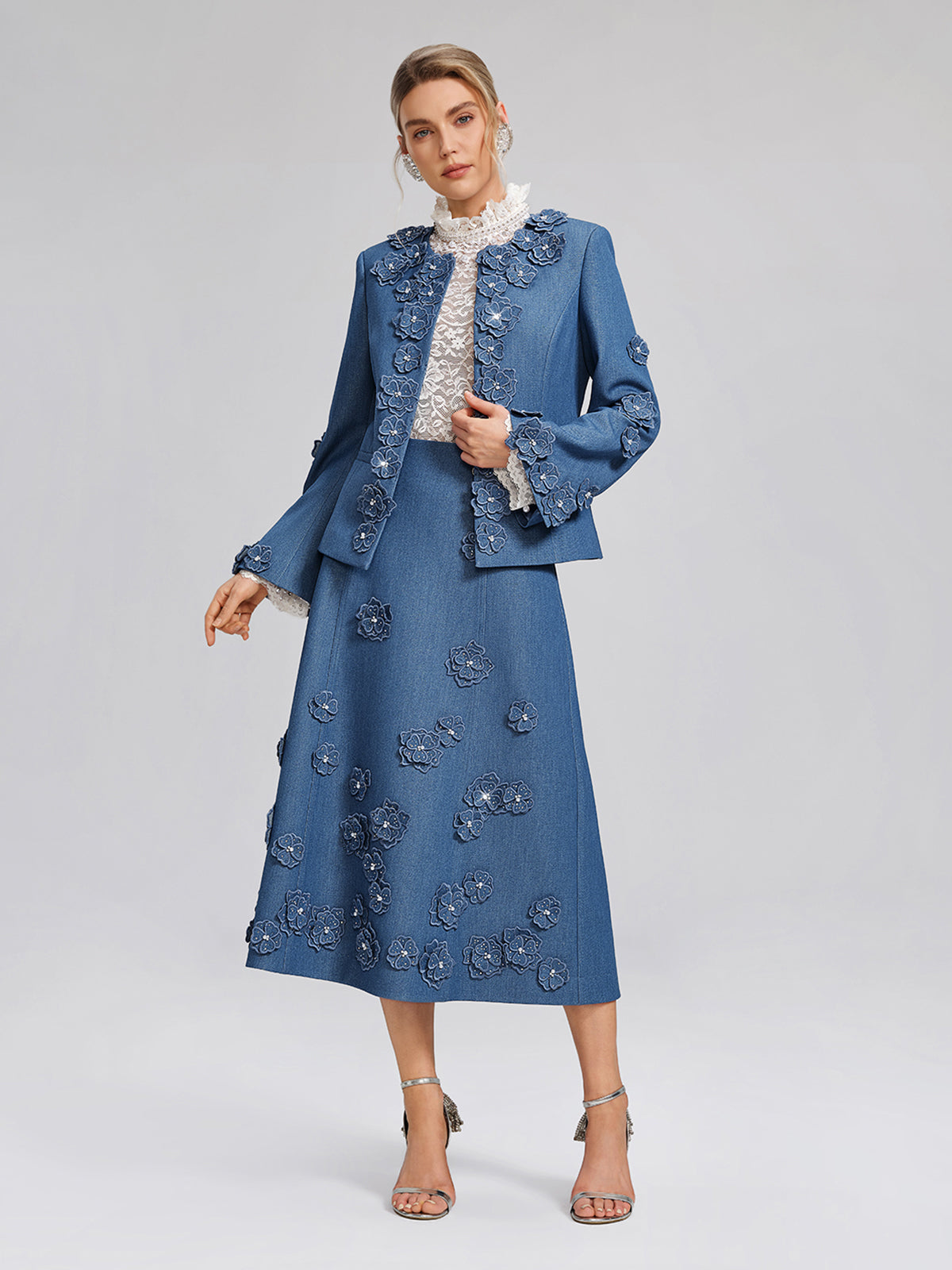 3D Floral Hand-Beaded Pearl Rhinestone Skirt