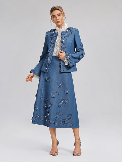 3D Floral Hand-Beaded Pearl Rhinestone Skirt