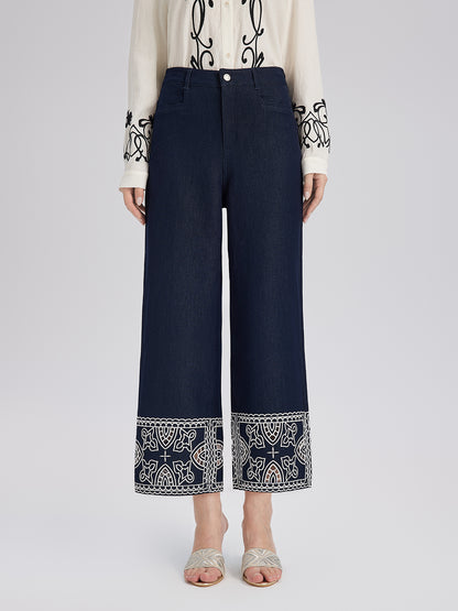 Cutout Embroidered Cotton Straight-Leg Pants