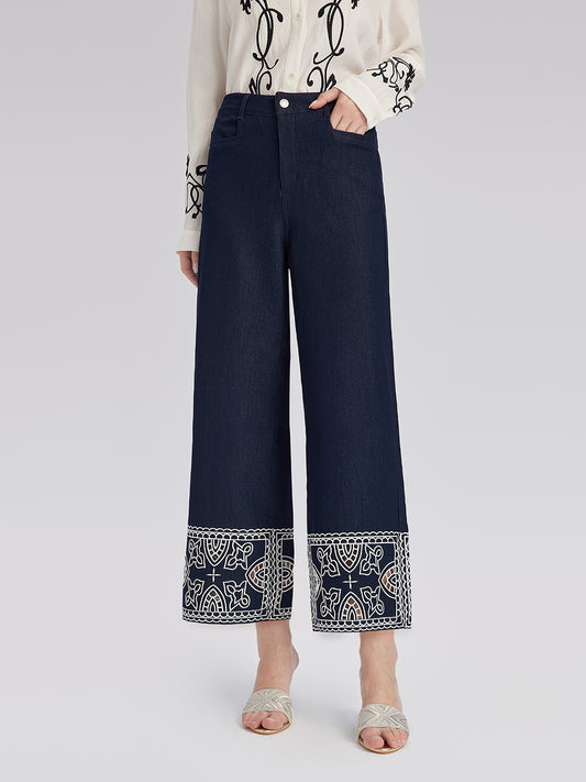 Cutout Embroidered Cotton Straight-Leg Pants