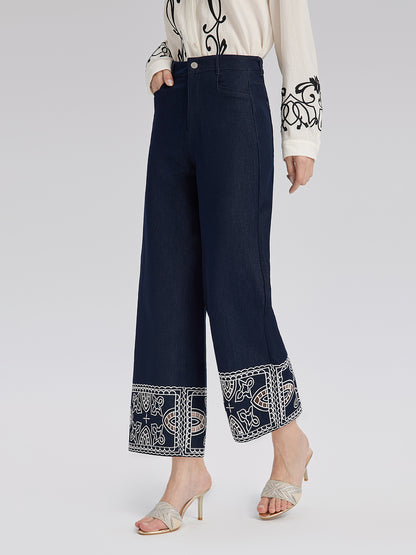 Cutout Embroidered Cotton Straight-Leg Pants