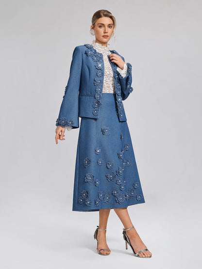 3D Floral Hand-Beaded Pearl Rhinestone Skirt