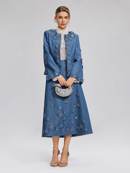 3D Floral Hand-Beaded Pearl Rhinestone Skirt