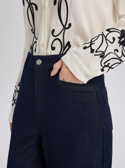 Cutout Embroidered Cotton Straight-Leg Pants