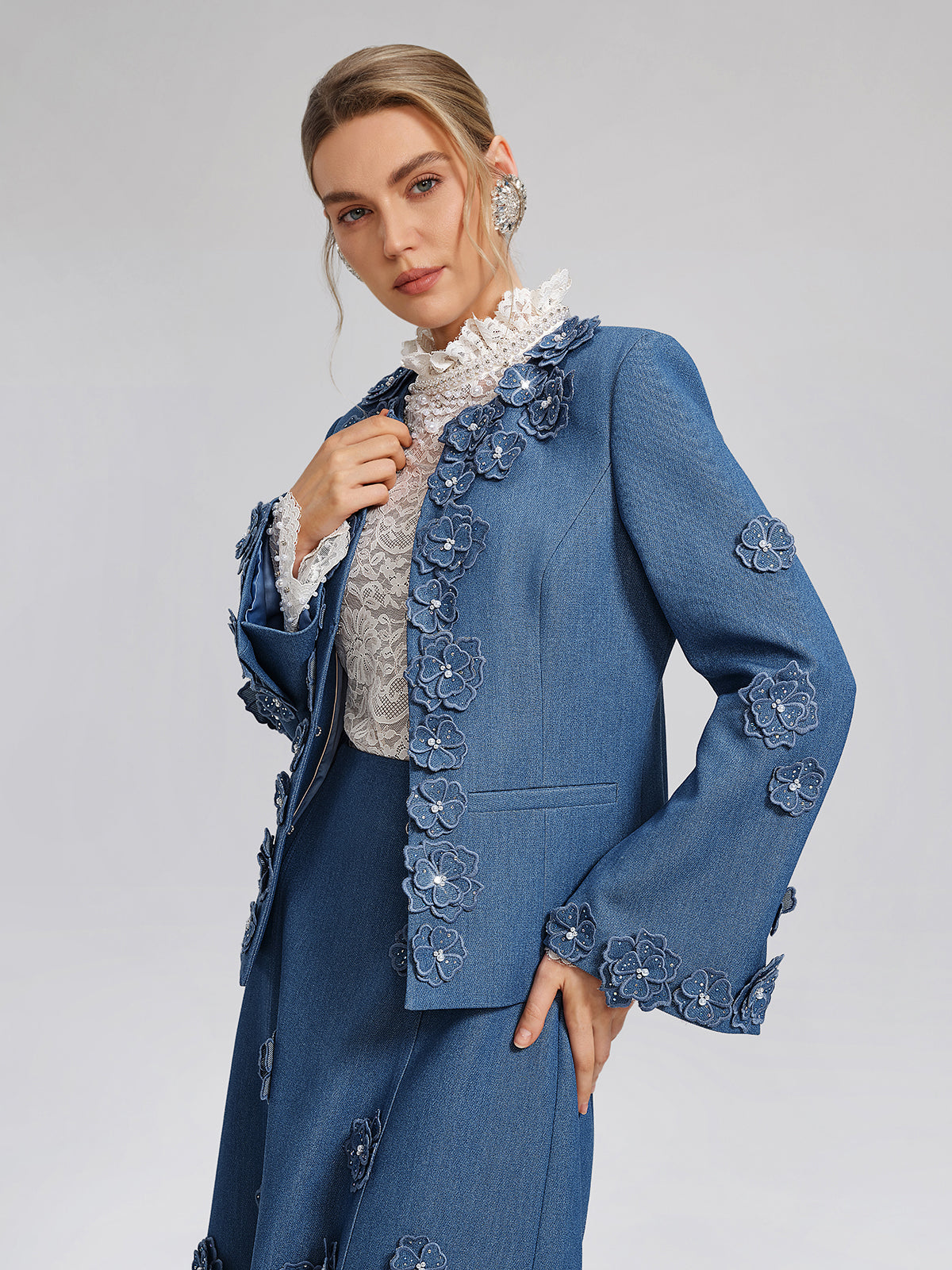 3D Floral Hand-Beaded Pearl Rhinestone Jacket