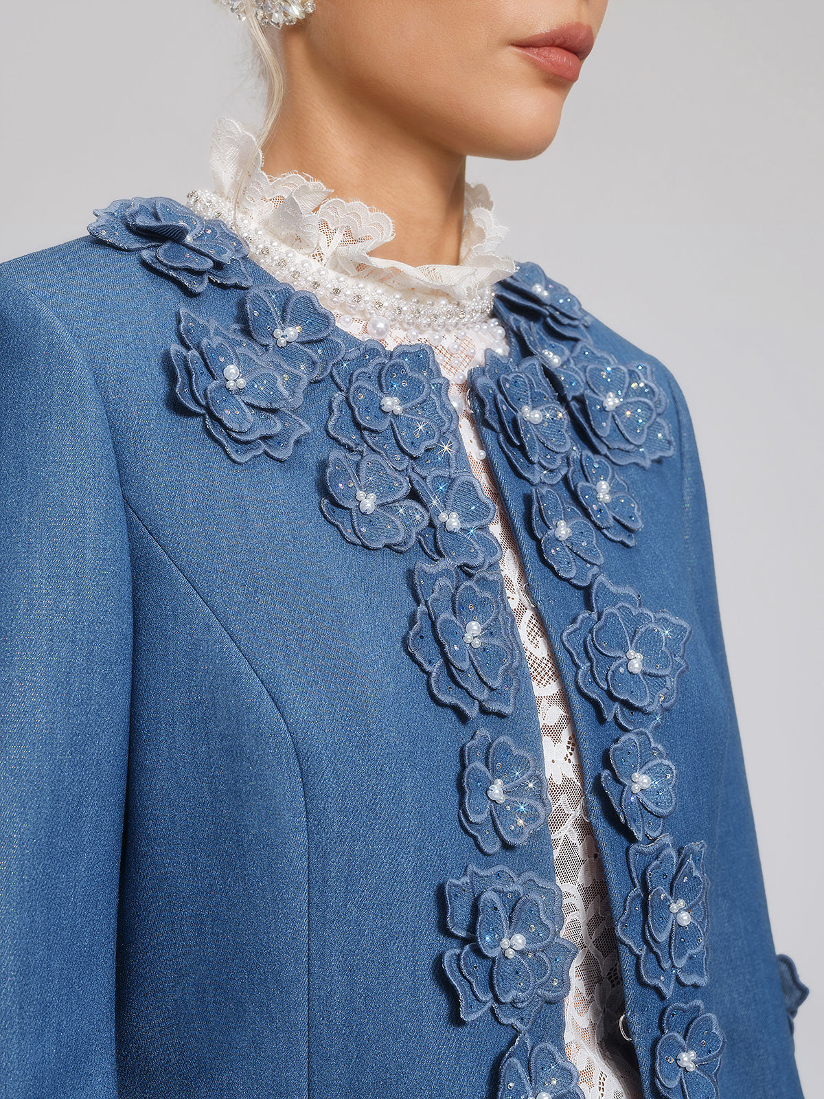3D Floral Hand-Beaded Pearl Rhinestone Jacket