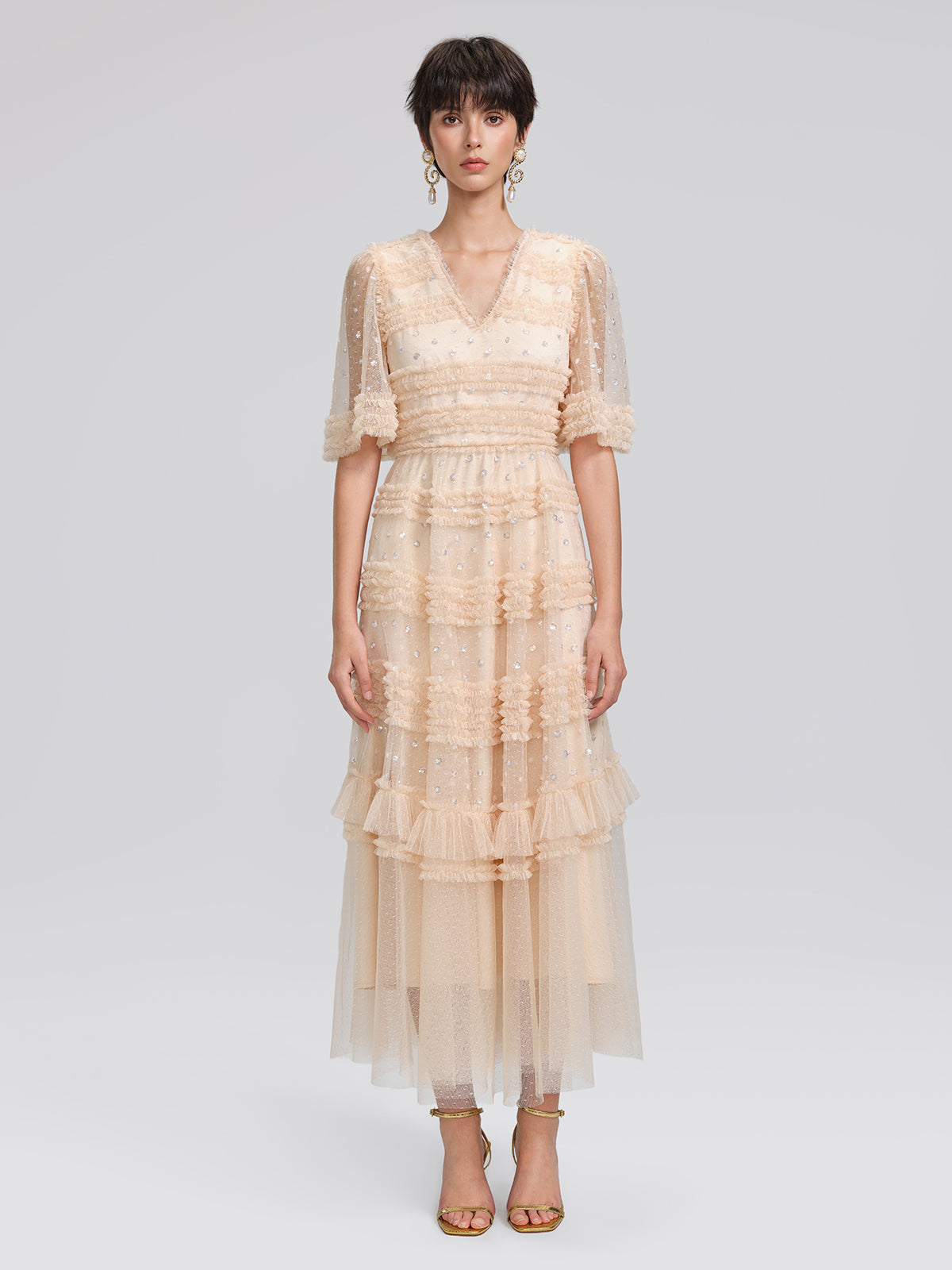 Sequin Embroidered Tulle Ruffled Maxi Dress