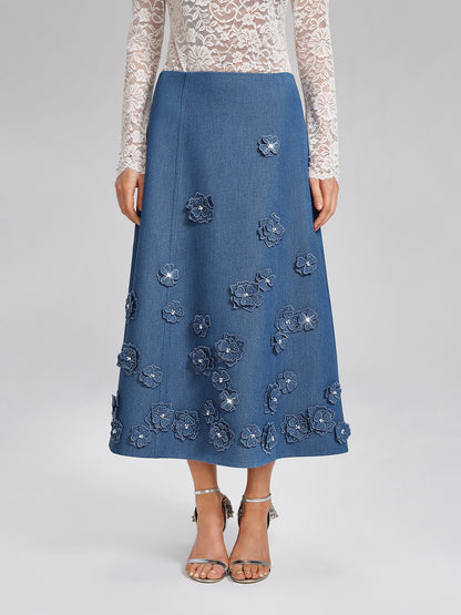 3D Floral Hand-Beaded Pearl Rhinestone Skirt