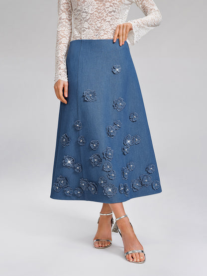 3D Floral Hand-Beaded Pearl Rhinestone Skirt