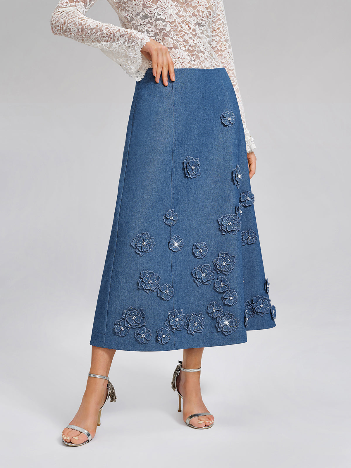3D Floral Hand-Beaded Pearl Rhinestone Skirt
